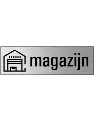 Magazijn deurbordje met zelfklevende strip, grijs zwart, rechthoekig, tekst en pictogram