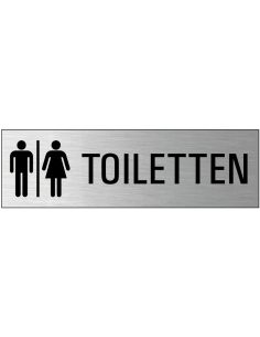 Toiletten deurbordje met zelfklevende strip, grijs zwart, rechthoekig, tekst en pictogram