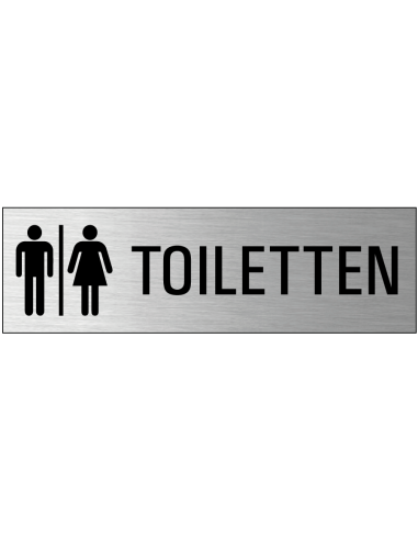 Toiletten deurbordje met zelfklevende strip, grijs zwart, rechthoekig, tekst en pictogram