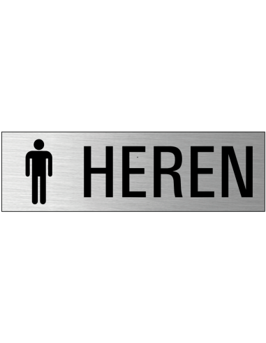 Heren toiletten deurbordje met zelfklevende strip, grijs zwart, rechthoekig, tekst en pictogram