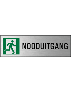 Nooduitgang deurbordje met zelfklevende strip, grijs zwart groen, rechthoekig, tekst en pictogram