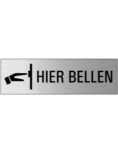Hier bellen deurbordje met zelfklevende strip, grijs zwart, rechthoekig, tekst en pictogram