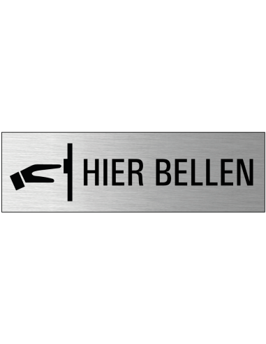 Hier bellen deurbordje met zelfklevende strip, grijs zwart, rechthoekig, tekst en pictogram