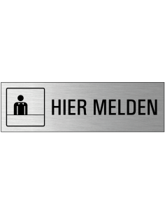 Hier melden deurbordje met zelfklevende strip, grijs zwart, rechthoekig, tekst en pictogram