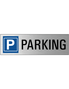 Parking deurbordje met zelfklevende strip, grijs zwart blauw, rechthoekig, tekst en pictogram