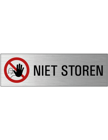 Niet storen deurbordje met zelfklevende strip, grijs zwart rood, rechthoekig, tekst en pictogram