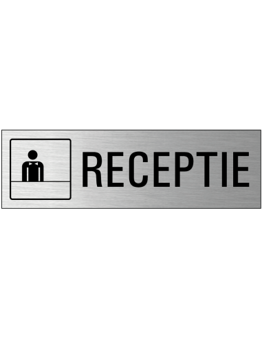 Receptie deurbordje met zelfklevende strip, grijs zwart, rechthoekig, tekst en pictogram