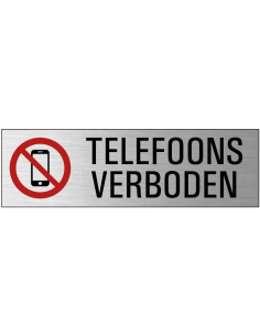 Telefoons verboden deurbordje met zelfklevende strip, grijs zwart rood, rechthoekig, tekst en pictogram