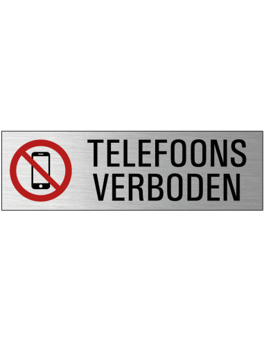 Telefoons verboden deurbordje met zelfklevende strip, grijs zwart rood, rechthoekig, tekst en pictogram