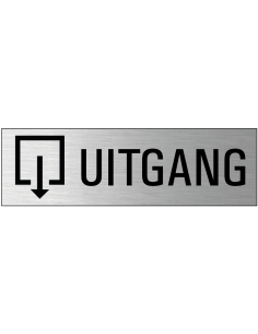 Uitgang deurbordje met zelfklevende strip, grijs zwart, rechthoekig, tekst en pictogram
