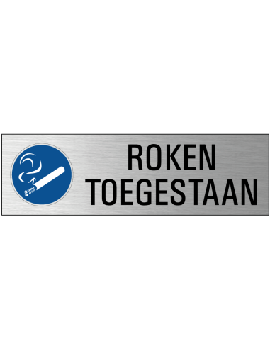 Roken toegestaan deurbordje met zelfklevende strip, grijs zwart blauw, rechthoekig, tekst en pictogram