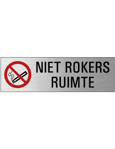 Niet rokers ruimte deurbordje met zelfklevende strip, grijs zwart rood, rechthoekig, tekst en pictogram
