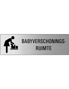 Babyverschoningsruimte deurbordje met zelfklevende strip, grijs zwart, rechthoekig, tekst en pictogram
