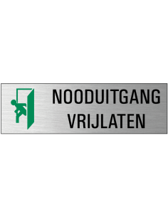 Nooduitgang vrijlaten deurbordje met zelfklevende strip, grijs zwart groen, rechthoekig, tekst en pictogram