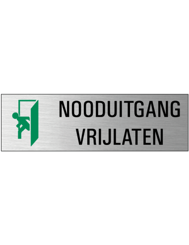Nooduitgang vrijlaten deurbordje met zelfklevende strip, grijs zwart groen, rechthoekig, tekst en pictogram
