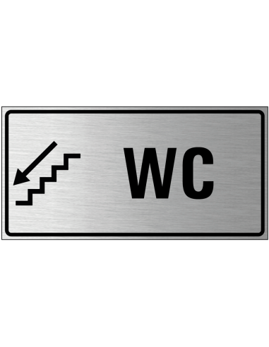 Wc trap omlaag bord links, geborsteld aluminium, trap met pijl, rechthoek, Nederlandse tekst
