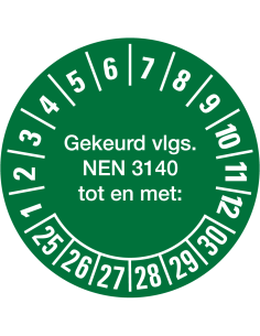 NEN 3140 keuringssticker 25-30 op vel met Nedelandse tekst, jaartallen 2025 tot en met 2030