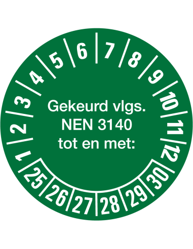 NEN 3140 keuringssticker 25-30 op vel met Nedelandse tekst, jaartallen 2025 tot en met 2030