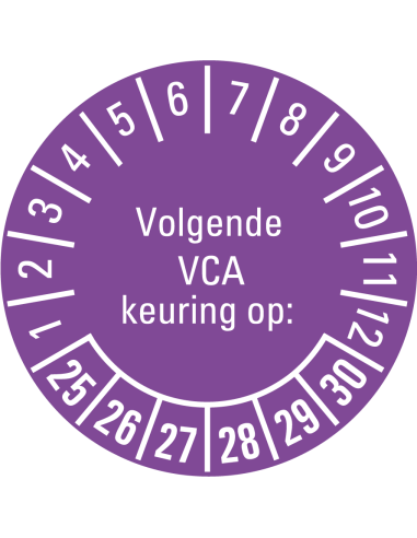 Volgende keuring op sticker 25-30, PVC folie, met Nederlandse tekst, jaartallen 2025 tot en met 2030