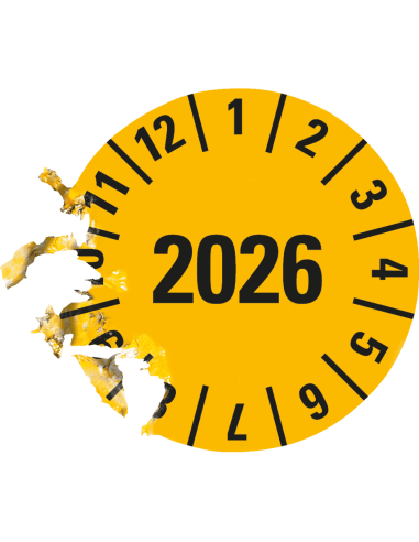 Keuringssticker met jaartal 2026 op rol - geel
