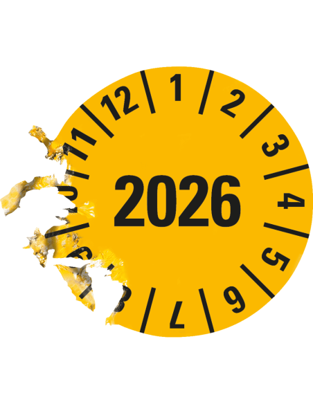 Keuringssticker met jaartal 2026 op rol - geel