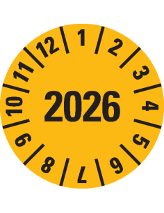 Keuringssticker met jaartal 2026 op rol - geel