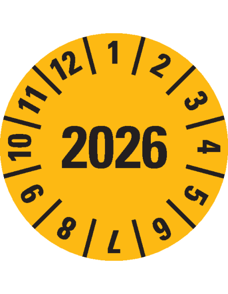 Keuringssticker met jaartal 2026 op rol - geel
