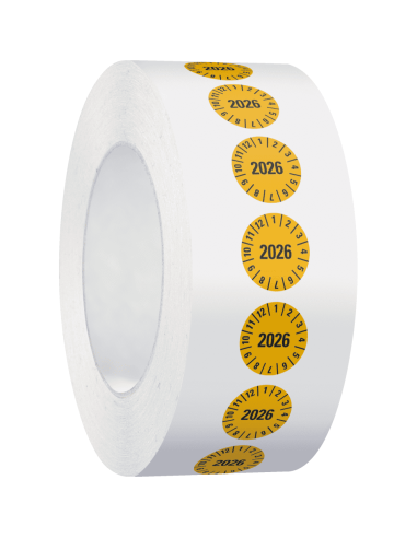 Keuringssticker met jaartal 2026 op rol - geel