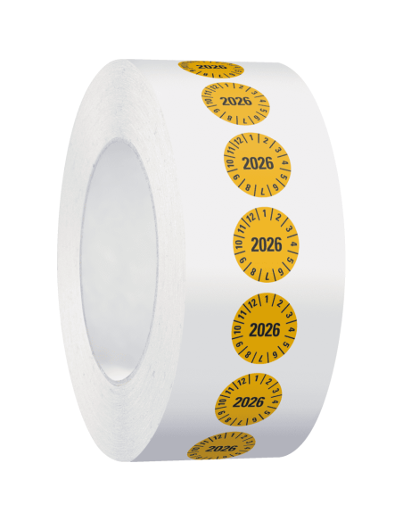 Keuringssticker met jaartal 2026 op rol - geel