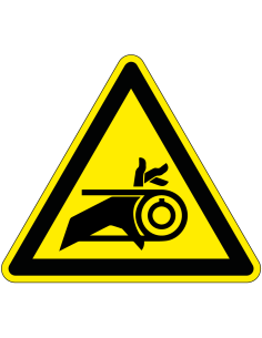 Gevaar voor verstrikking waarschuwingssticker, geel zwart, hand tussen riemaandrijving, driehoek