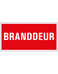 Branddeur sticker met tekst, rood wit, rechthoek, Nederlands
