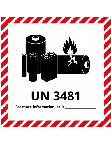 UN3481 sticker lithium-Ion batterijen, rood wit zwart, vierkant, batterijen symbool