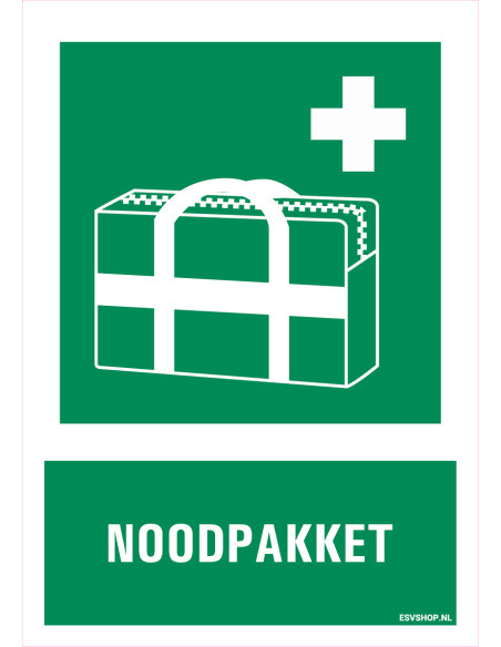 Noodpakket sticker met pictogram en tekst