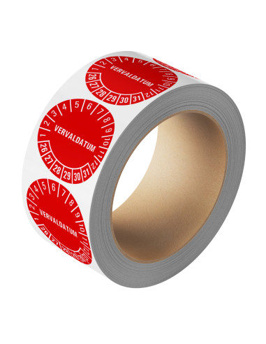 Vervaldatum keuringssticker 26-31 - 25 meter op rol - Rood
