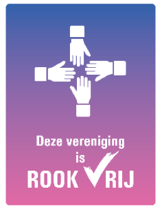 Rookvrije vereniging bord, kunststof, tekst deze vereniging is rookvrij met symbool handen samenwerking, paars roze, rechthoek