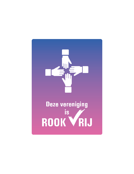 Rookvrije vereniging bord, kunststof, tekst deze vereniging is rookvrij met symbool handen samenwerking, paars roze, rechthoek