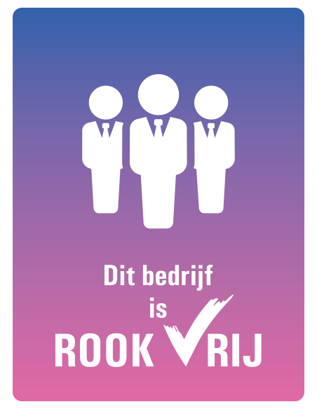 Rookvrij bedrijf bord, kunststof, tekst dit bedrijf is rookvrij met symbool poppetjes met stropdas, paars roze, rechthoek