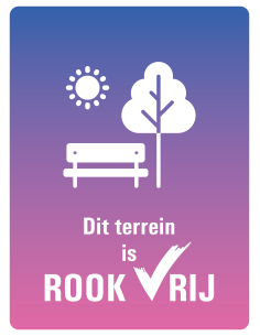 Rookvrij terrein bord, kunststof, tekst dit terrein is rookvrij met symbool zon boom en bankje, paars roze, rechthoek