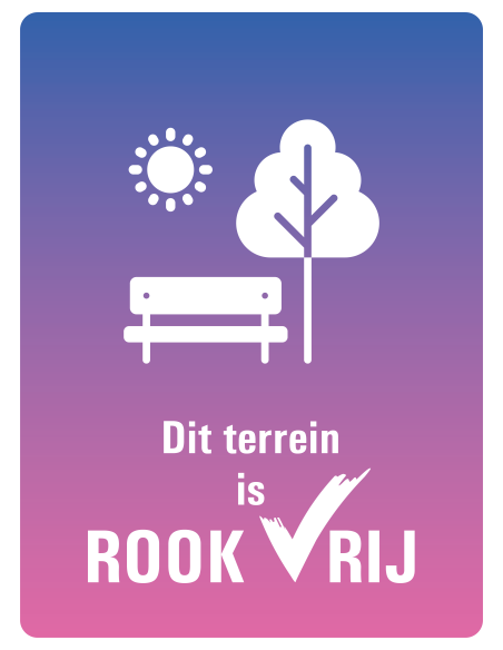 Rookvrij terrein bord, kunststof, tekst dit terrein is rookvrij met symbool zon boom en bankje, paars roze, rechthoek