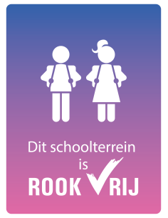 Rookvrij schoolplein bord, kunststof, tekst dit schoolterrein is rookvrij met symbool spelende kinderen, paars roze, rechthoek