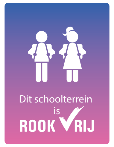 Rookvrij schoolplein bord, kunststof, tekst dit schoolterrein is rookvrij met symbool spelende kinderen, paars roze, rechthoek