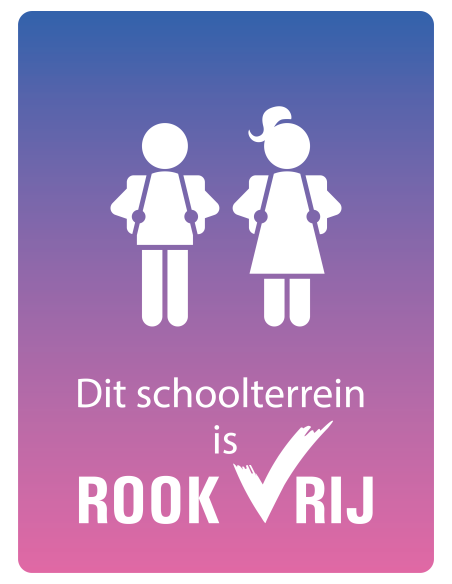 Rookvrij schoolplein bord, kunststof, tekst dit schoolterrein is rookvrij met symbool spelende kinderen, paars roze, rechthoek