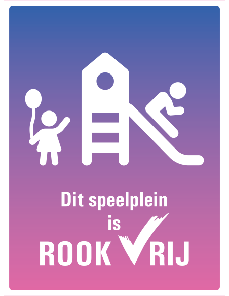 Rookvrij speelplein bord, kunststof, tekst dit speelplein is rookvrij met symbool spelende kinderen, paars roze, rechthoek