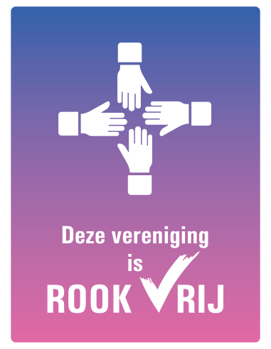 Rookvrije vereniging sticker, tekst deze vereniging is rookvrij met symbool handjes samenwerking, paars roze, rechthoek