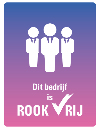 Rookvrij bedrijf sticker, tekst dit bedrijf is rookvrij met symbool poppetje met stropdas, paars roze, rechthoek