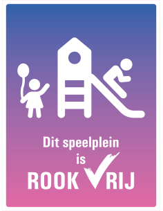 Rookvrij speelplein sticker, tekst dit speelplein is rookvrij met symbool spelende kinderen, paars roze, rechthoek