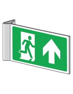 Haaks nooduitgang bord pijl boven, dubbelzijdig, kunststof, E002, groen wit