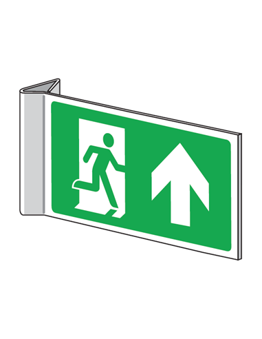 Haaks nooduitgang bord pijl boven, dubbelzijdig, kunststof, E002, groen wit