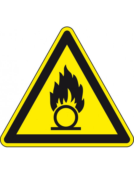 Waarschuwingssticker oxiderende stoffen, W028, geel zwart, ISO 7010, oxiderend symbool, driehoek