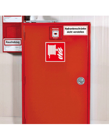 Brandslang sticker, ISO 7010, F002, rood wit, symbool brandslanghaspel, vierkant